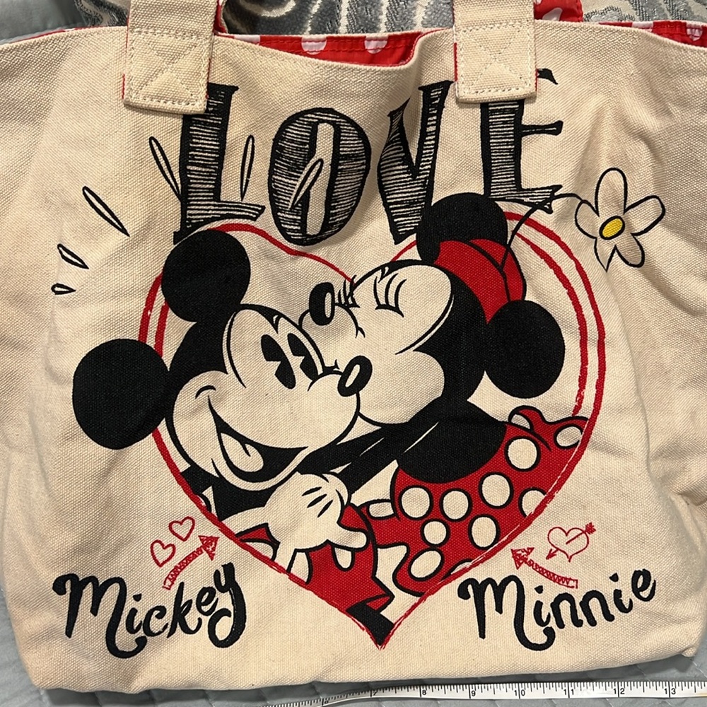 Disney Store Mickey And Minnie Mouse Love Kiss Tote Canvas travel Bag - Picture 3 of 7